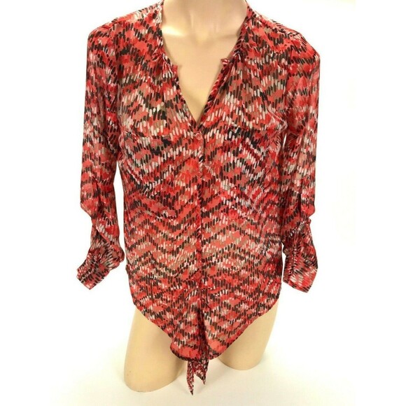 KUT from the Kloth Womens XS Sheer Red 3/4 Long Sleeve V Neck Button Down Blouse - Picture 1 of 9